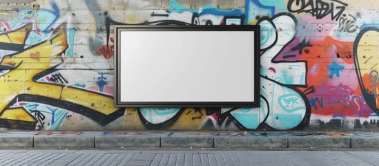 An empty picture frame hangs on a concrete wall covered with colorful graffiti. The frame is devoid of any image, creating a stark contrast against the vibrant and chaotic backdrop.