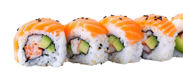 A close up of the srealistic sushi rolls with salmon and rice on transparent background.