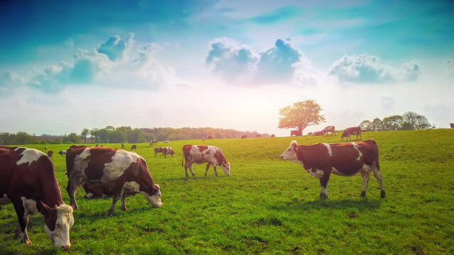 Summer countryside with grazing cows. Agricultural background, 4K