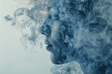 A close-up of a person's profile merged with the texture of swirling smoke in a double exposure