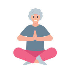 Elderly woman doing yoga. Senior female character sitting in lotus position. Sport active healthy lifestyle concept. Vector cartoon or flat illustration isolated on white background.