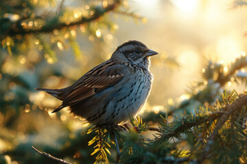 Sparrow on a branch in a morning light and blurry Background