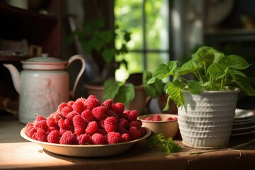 Sunlit raspberries in vintage kitchen evoke a cozy, homegrown.