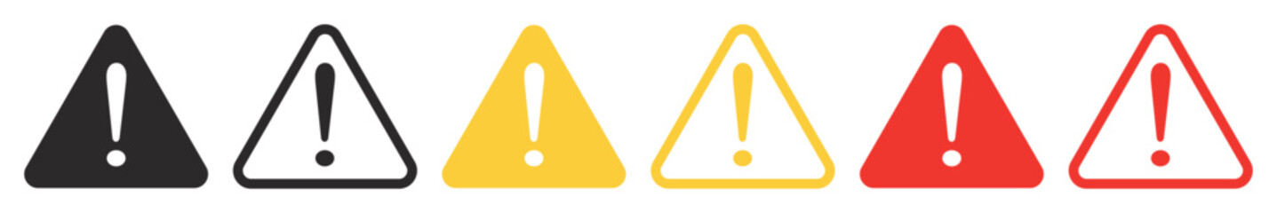 Set of caution signs. Caution alarm, fatal error message, exclamation mark. Triangle and circle warning, alert symbol. Vector. EPS10.