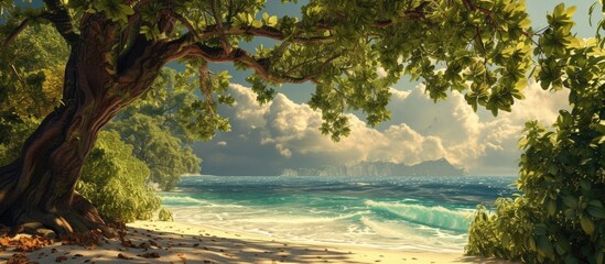 A painting showcasing a grand tree standing tall on a sandy beach, surrounded by the serene seascape. The trees branches stretch out elegantly, contrasting against the blue ocean backdrop. - obrazy, fototapety, plakaty
