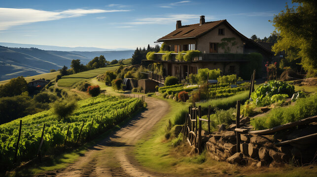 Perchée sur sa colline, la ferme ancestrale veille sur les terres, écho vibrant d'histoires intemporelles.