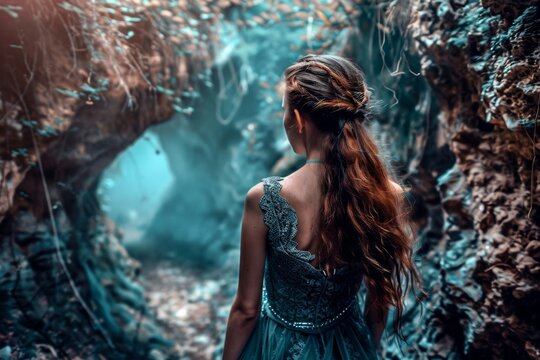 A girl in a teal dress walks towards light in a forest tunnel, creating a fairy tale atmosphere