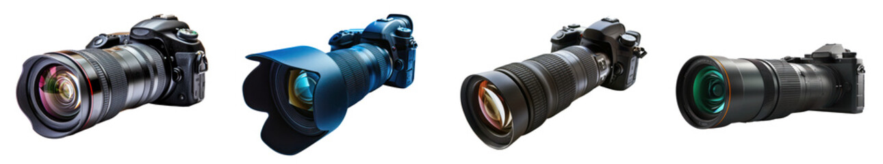 Set of high-resolution camera with zoom lens, cut out - stock png. - obrazy, fototapety, plakaty