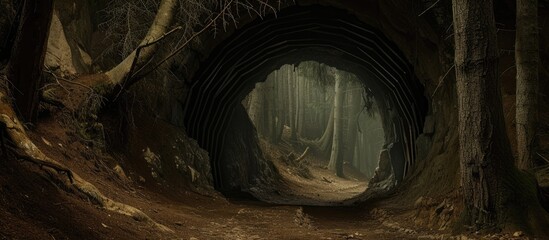 A reinforced wood tunnel stretches through the dense forest, leading to an old coal mine. The dark, mysterious passageway creates a sense of intrigue and exploration. - obrazy, fototapety, plakaty