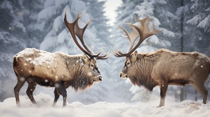 Two antlered deer in battle against the backdrop of snow-covered trees