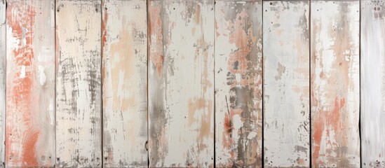 Faded paint peels off vintage wooden boards, creating a shabby chic background with a distressed look.