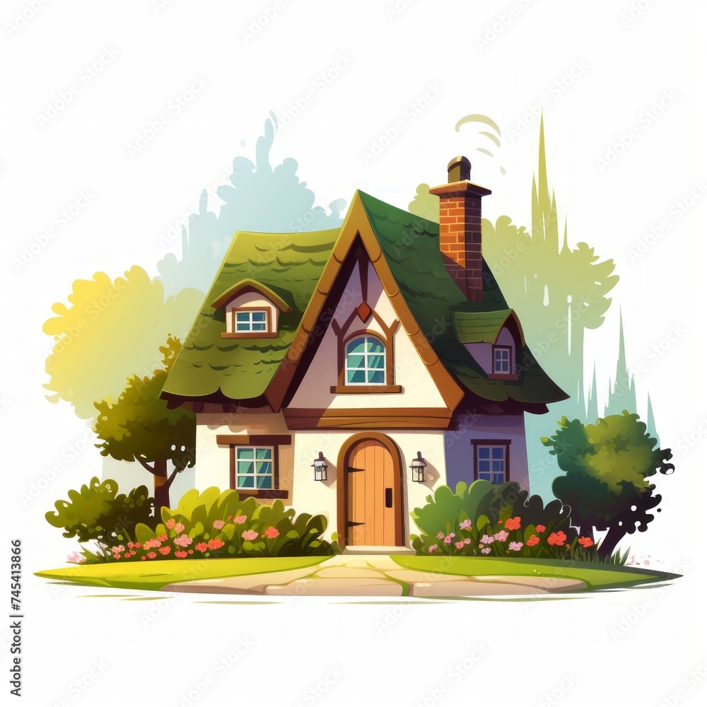Poster generative ai a charming fairytale cottage with a thatched roof and a white picket fence.