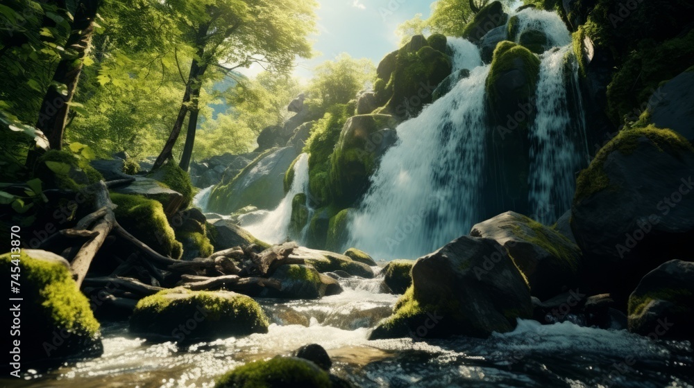 Poster Generative AI A cascading waterfall tumbling down sheer cliffs into a pristine mountain stream, amidst lush vegetation.