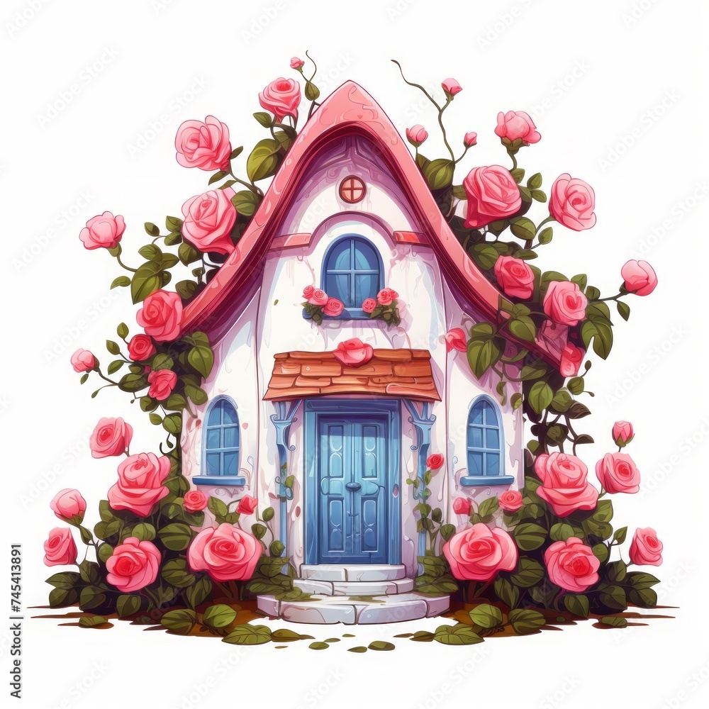 Poster generative ai a charming fairytale home adorned with vibrant climbing roses and a serene white backd