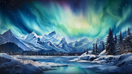 Generative AI A breathtaking view of the Northern Lights over snowy mountains. landscape watercolor