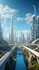 Generative AI A city of the future showcasing domed structures, sleek monorails, and advanced AI infrastructure amidst a backdrop of stunning, futuristic skyline