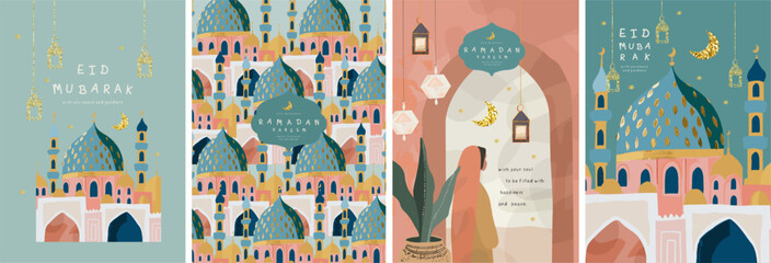 Ramadan Kareem. Eid Mubarak. Vector cute hand drawn illustration of mosque, crescent, arch, window, pattern, Muslim woman in hijab and lantern for greeting card, poster or background