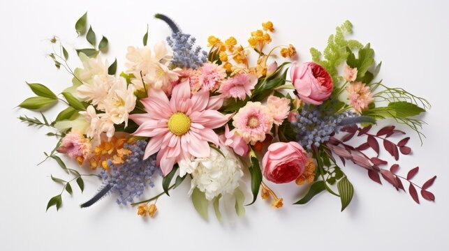 Generative AI A carefully arranged bouquet showcasing a mix of exotic and traditional flowers on a clean white surface