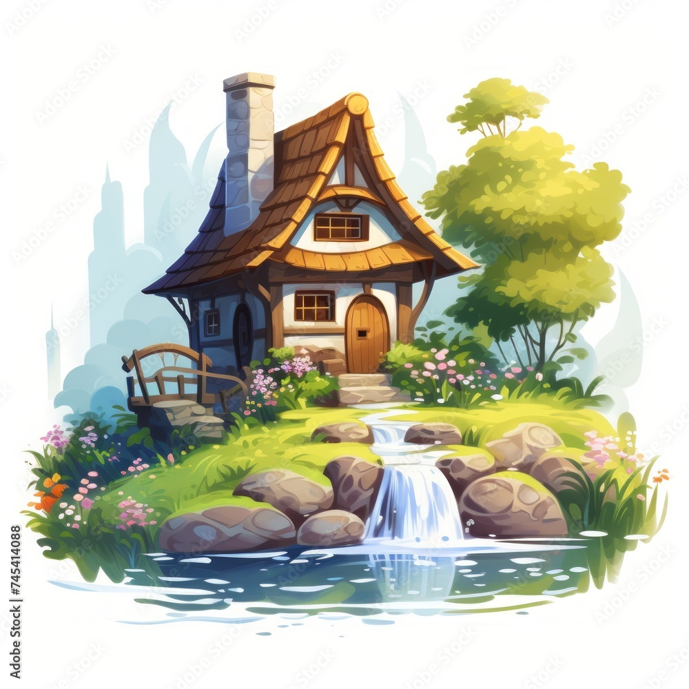 Poster generative ai a cozy fairytale house with a rustic water well and a serene countryside setting.