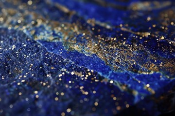 Close-up shot of a lapis lazuli stone with gold flecks. Place for text