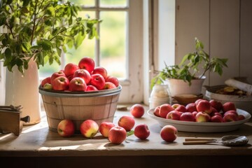 A rustic bucket overflows with fresh red apples by a sunny window, bringing a cozy, country feel to the scene