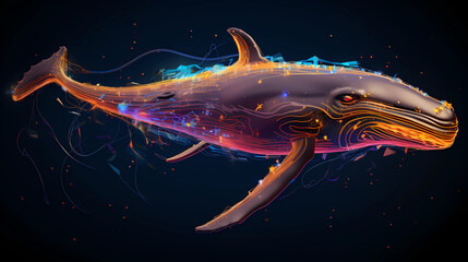Whale Animal Plexus Neon Black Background Digital Desktop Wallpaper HD 4k Network Light Glowing Laser Motion Bright Abstract