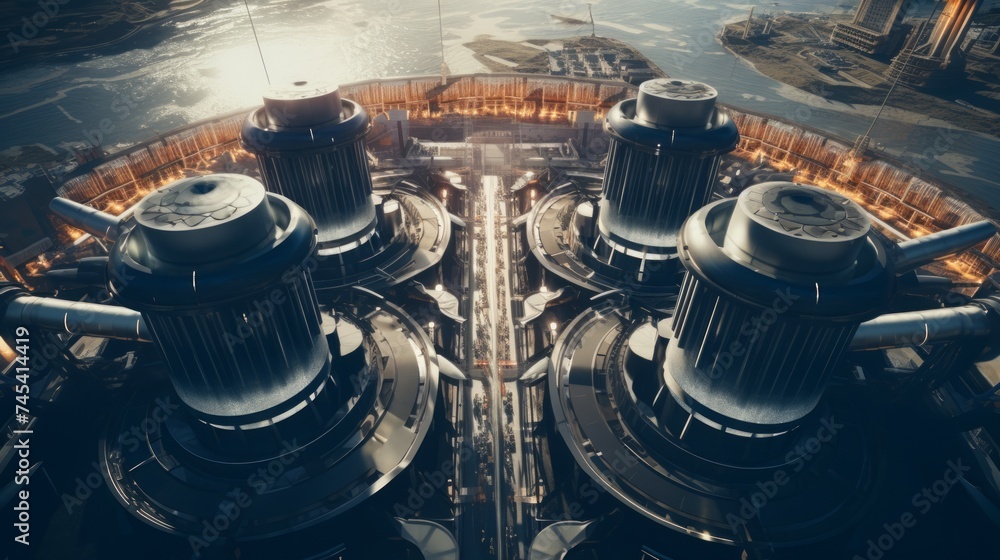 Poster generative ai a drone's-eye view of a power station, highlighting its massive turbines and transmiss