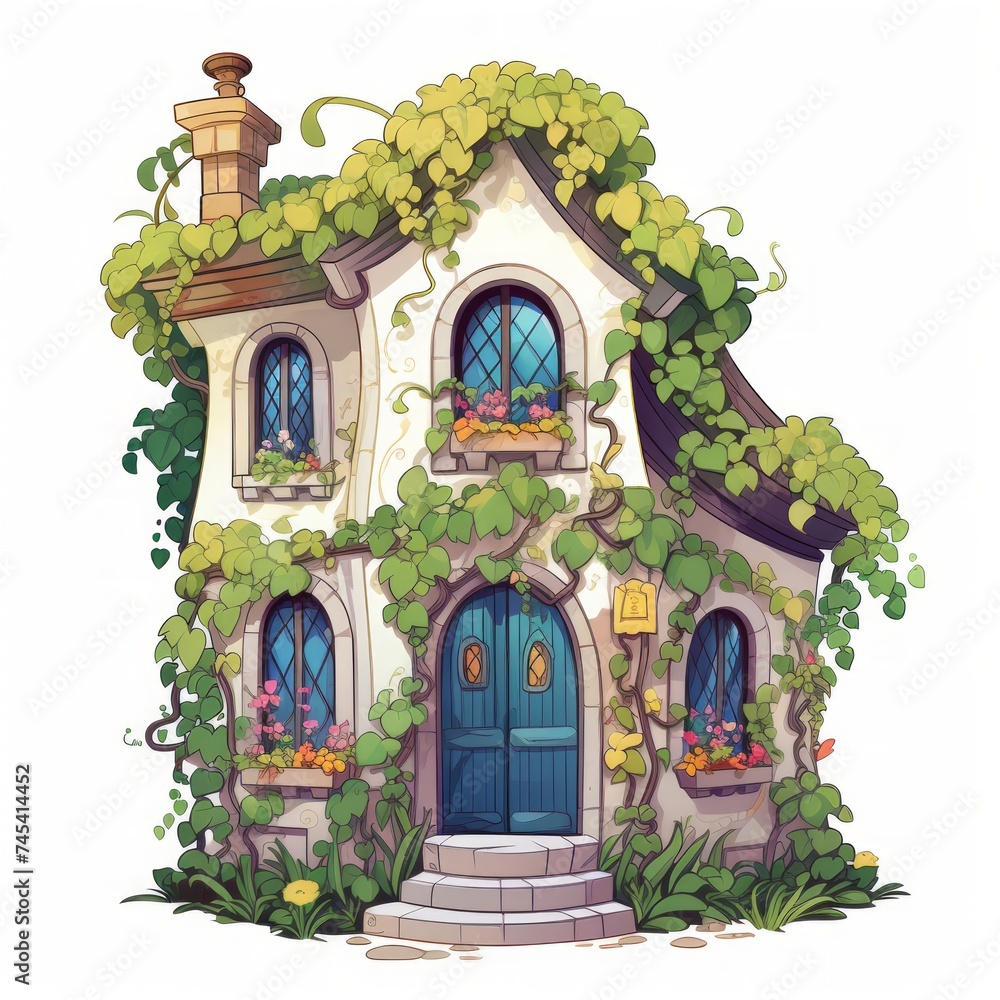 Poster generative ai a fairytale-like house with climbing vines and a colorful, cheerful facade.