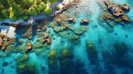 Generative AI A drone's-eye view of an exotic island group featuring palm-fringed beaches, turquoise lagoons, and a mosaic of coral reefs creating breathtaking underwater scenery. - obrazy, fototapety, plakaty