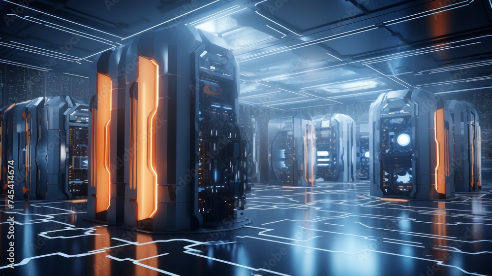 Poster generative ai a futuristic visualization of a render farm facility, showcasing cutting-edge technolo