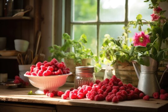 ush raspberries fill a bowl on a wooden surface pastoral vibes with garden greenery and floral accents by window.