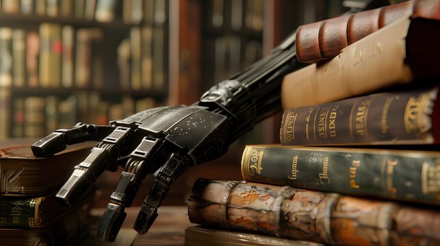robot hand touching books