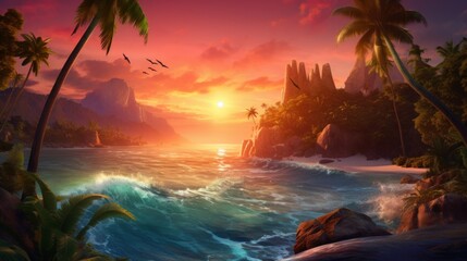 Generative AI A mesmerizing aerial perspective capturing the beauty of tropical islands with palm trees set against a colorful sunset, creating a serene and dreamlike ambiance