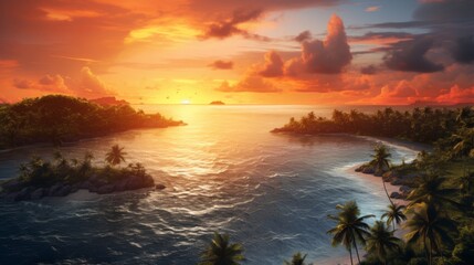 Generative AI A mesmerizing drone's view of tropical islands with palm-fringed shores, bathed in the warm hues of a breathtaking sunset over the horizon