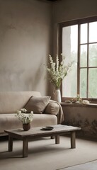 In a wabi-sabi-style living room with flowers on the table and by the window, sits a beige couch armchair. 