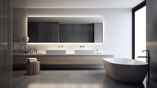 Generative AI A minimalist bathroom design with clean lines, monochrome palette, and recessed storage.