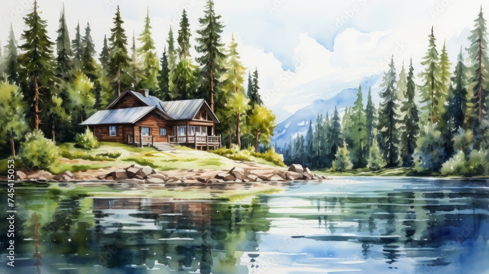 Poster generative ai a peaceful lakeside cabin surrounded by pine trees and a serene lake. landscape waterc