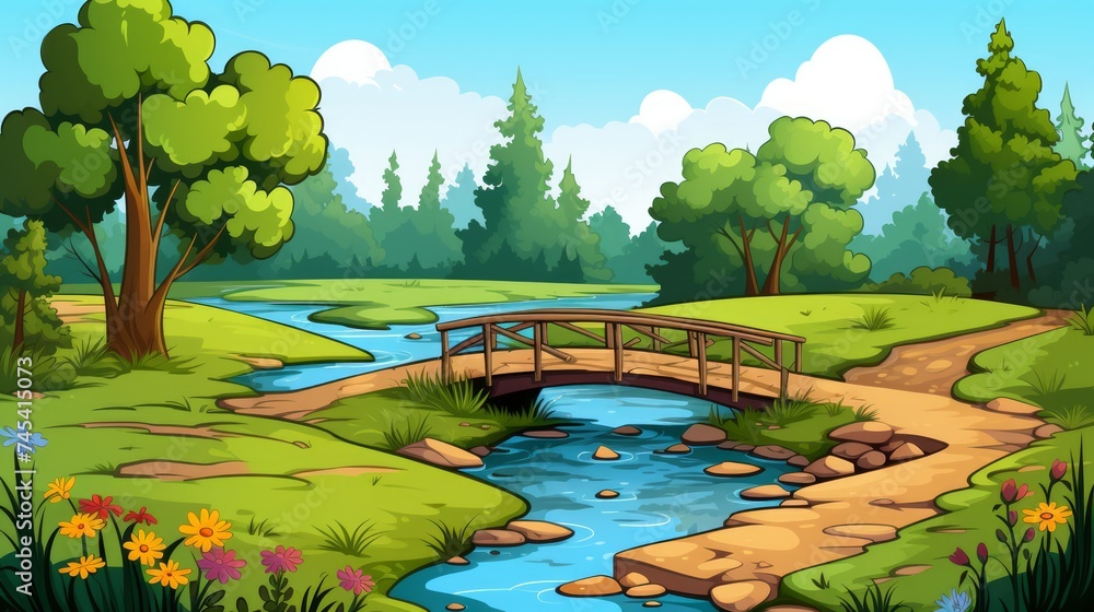 Poster Generative AI A picturesque countryside scene with a small bridge over a stream.