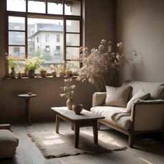 In a wabi-sabi-style living room with flowers on the table and by the window, sits a beige couch armchair. 