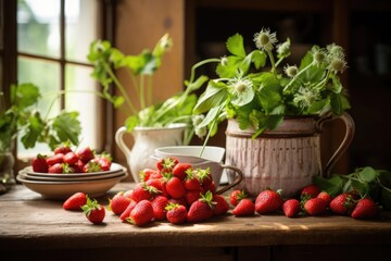 Fototapeta na wymiar Sunlit wooden table with lush strawberries, vintage jug, and green foliage by a rustic window, offering a serene scene.