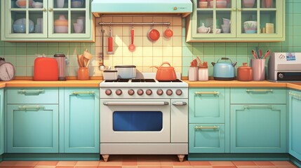 Generative AI A photorealistic illustration of a retro-style kitchen with vintage appliances, tiled...