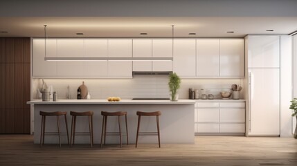 Fototapeta na wymiar Generative AI A photorealistic portrayal of a minimalist kitchen with clean lines, white cabinetry, and subtle lighting fixtures