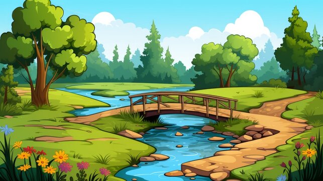 Generative AI A picturesque countryside scene with a small bridge over a stream.