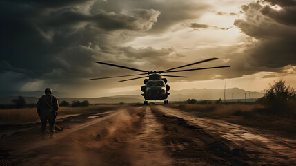 a soldier passes through a military area with a helicopter on the ground near - obrazy, fototapety, plakaty