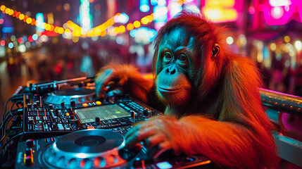 Orangutan DJ on the Rooftop - obrazy, fototapety, plakaty