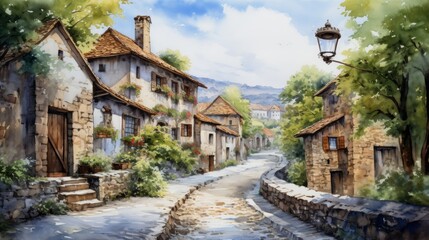 Generative AI A rustic, old-town European village with cobblestone streets. landscape watercolor