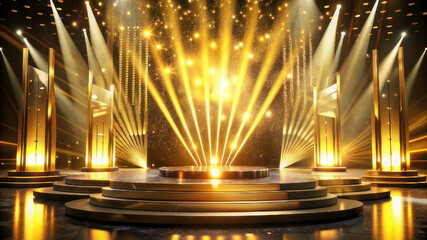 Golden Illumination: Award Podium Stage with Radiant Lamps and Sparkling Background