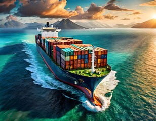 &Uuml;ber die endlose Weite: Ein Containerschiff segelt durch das offene Meer, Logistik, Transportschiff