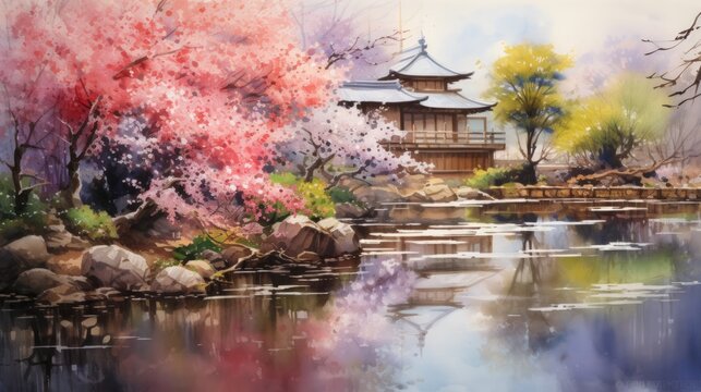 Generative AI A serene Japanese garden with a koi pond and cherry blossom trees. landscape watercolor - Powered by Adobe