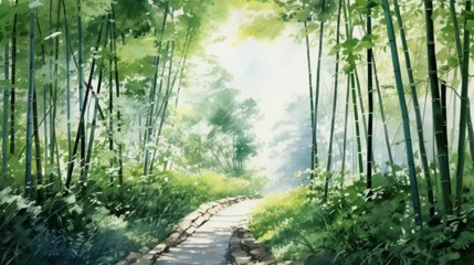 Zelfklevend Fotobehang Generative AI A serene bamboo forest with tall stalks and filtered sunlight. landscape watercolor © vadosloginov